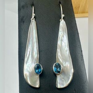 MARTA HOWELL Sterling Silver Mother of Pearl Blue Topaz Icicle Hook Earrings